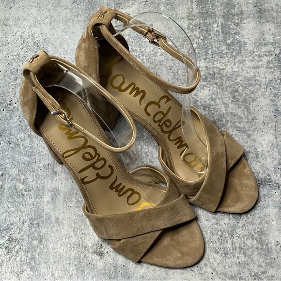 Sam Edelman Yancy Oatmeal Suede Block Heel Sandals - Picture 2 of 7